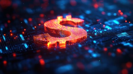 Glowing three-dimensional digital dollar sign made of red and orange pixels on a blue circuit board, conveying a futuristic high-energy financial technology mood