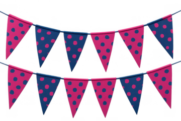 Pink and blue polka dot bunting flags creating a festive atmosphere for celebration, party, and joyful event decorations