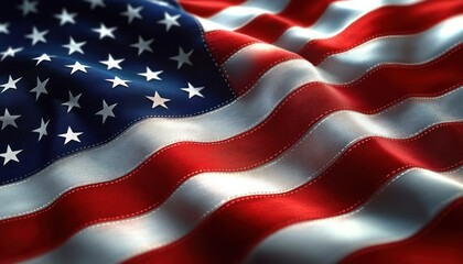 Close-up of rippling red, white and blue flag with white stars and stitched stripes on silky fabric, warm highlights and shadows conveying pride and solemn patriotism