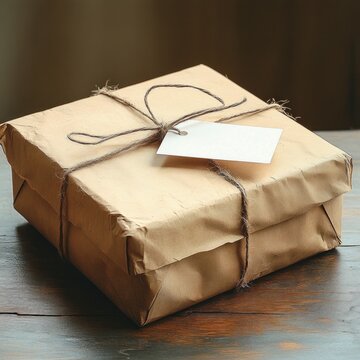brown paper wrapped parcel tied with twine and blank gift tag on wooden table, rustic cozy anticipation