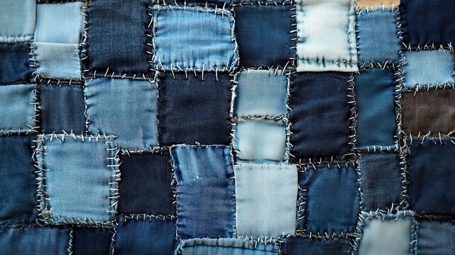 hand-stitched denim patchwork quilt of frayed blue squares evoking rustic handmade warmth and cozy texture