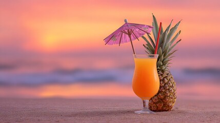 Tropical cocktail with pineapple and umbrella on a beach at sunset.