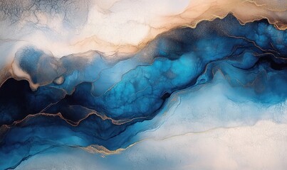 flowing blue and gold abstract marble with creamy whites and metallic veins, ocean-like swirls conveying calm ethereal elegance