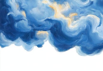 Swirling blue and white painted clouds with warm golden highlights over empty white space, dreamy serene and ethereal atmosphere
