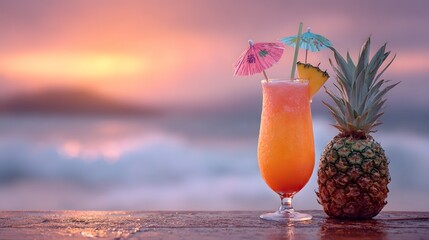 Tropical cocktail with pineapple at sunset on a beach.
