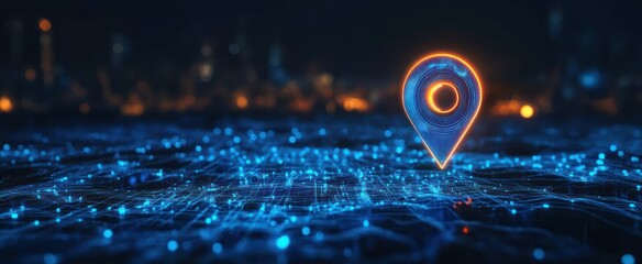 Glowing neon orange location pin hovering above a blue digital grid map with scattered radiant nodes and distant city lights, evoking futuristic connectivity and precise navigation
