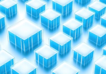 glowing translucent blue cubes arranged in a floating grid with soft reflections and a calm futuristic atmosphere