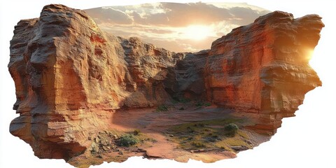 majestic sunlit sandstone canyon alcove with rugged red rock cliffs, sandy floor, sparse shrubs and warm golden sunset light evoking serenity and solitude
