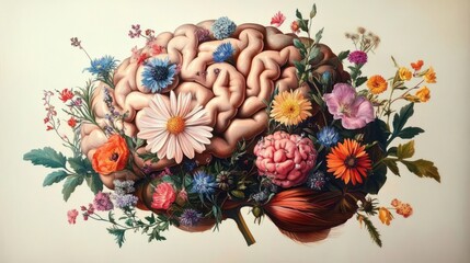 Anatomical brain intertwined with blooming wildflowers and daisies, vibrant petals and green leaves spilling from folds, evoking serene creativity and organic growth