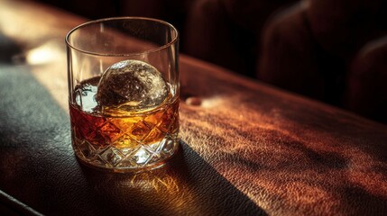 Close-up of a transparent glass with a large ice sphere in a golden-brown beverage, set on a leather surface with ambient light