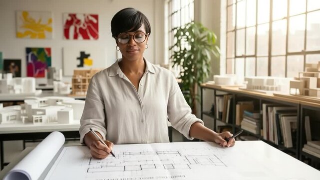 Female Architect Reviewing Blueprints in Modern Studio with Natural Light and Design Tools