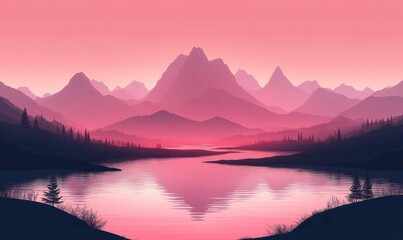 Tranquil pink mountain landscape at dusk with layered peaks, pine tree silhouettes and a calm reflective lake evoking peaceful, dreamy serenity