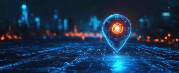 Glowing holographic location pin over neon blue digital city grid with distant bokeh skyline, futuristic navigation and alert mood