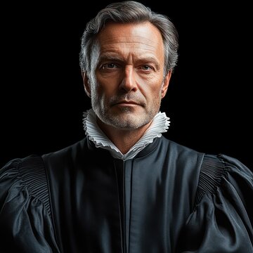 Formal portrait of an older man wearing a black pleated robe and white ruff collar against a dark background, dignified and solemn mood