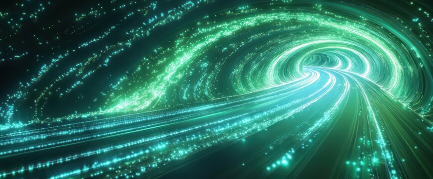 glowing teal tunnel of streaking light particles forming a swirling digital vortex, conveying speed, energy and exhilaration - Powered by Adobe
