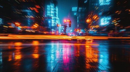Rainy neon city intersection at night with streaking light trails, wet reflective pavement, glowing traffic lights and blurred skyscrapers evoking dynamic futuristic energy