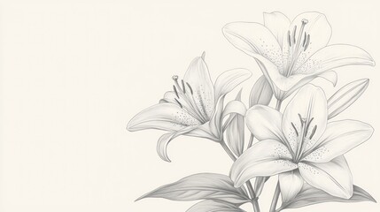 Obraz premium Delicate pencil drawing of three blooming lilies with graceful leaves on a soft blank background, evoking calm and elegant serenity