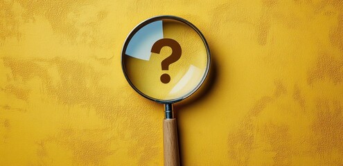 Magnifying glass with wooden handle on textured yellow background revealing a bold question mark, evoking curiosity, mystery and investigation