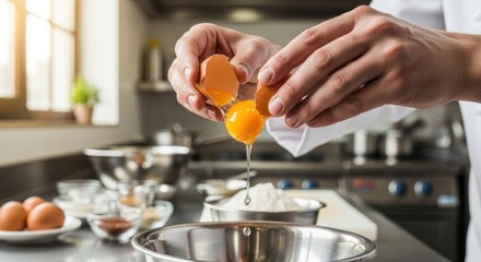 A person's hands breaking eggs in a kitchen.