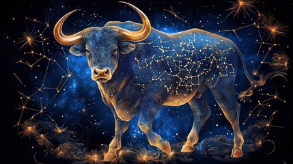Majestic cosmic bull with golden horns and constellation patterns across its blue body, standing amid a glowing starry nebula, evoking power and mystical wonder