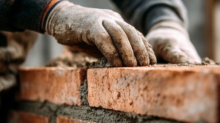 Close-up of a worker's hands in gloves carefully placing a brick on a wall during construction. Shows mortar