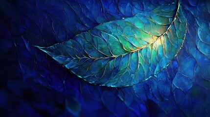Obraz premium Glowing teal leaf with golden veins on textured deep blue surface, intricate organic pattern conveying serene and mystical calm