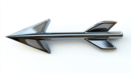 Sleek reflective chrome arrow with dual fins and streamlined shaft on a white background conveying speed and futuristic motion