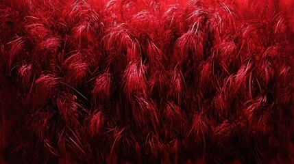 Fototapeta premium dense field of feathery grass tufts bathed in deep red light with dramatic shadows, textured organic forms conveying an intense, moody, and slightly eerie atmosphere