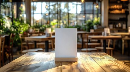 Blank menu card on a wooden table in a sunlit cozy cafe interior with wooden chairs, potted plants, large windows and a warm inviting atmosphere
