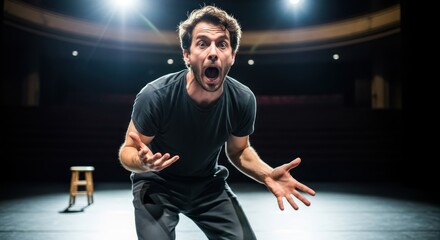 A man in a black t-shirt and gray pants standing on a stage, shouting with his arms outstretched.