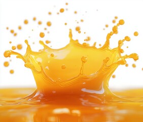Orange juice crown splash with suspended droplets and glossy reflective surface on white background, vibrant energetic fresh motion