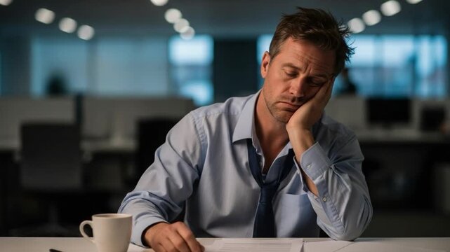 Tired Male Office Worker in Button-Down Shirt Looking Exhausted at Desk with Coffee in Modern Workplace