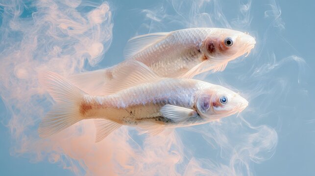 Two blind cavefish swimming in a cloudy, ethereal environment.