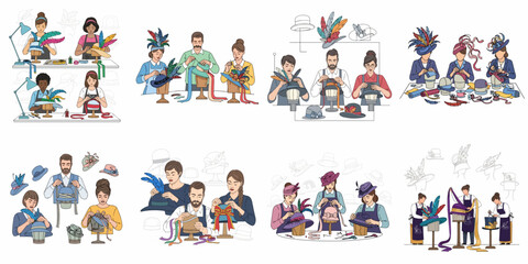 Fototapeta premium Millinery workshop vector illustrations: group of artisans creating and decorating fashionable hats with colorful feathers and ribbons on wooden blocks.
