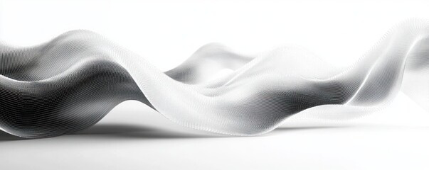 Serene flowing dotted mesh waves in grayscale on a white background, smooth undulating ribbon forms casting soft shadows, minimal elegant abstract composition