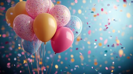 Cluster of colorful confetti-speckled balloons and ribbons floating against a soft blue backdrop, joyful festive celebration atmosphere