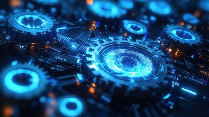 glowing blue futuristic mechanical gears and circuit board with holographic power core, emitting energetic neon light and precise high-tech motion