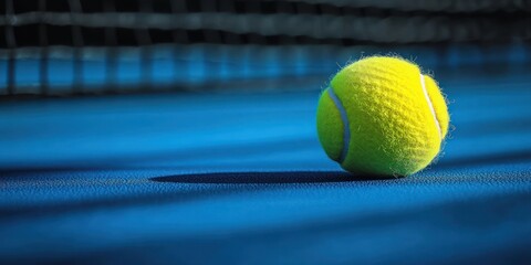 Close-up of a bright yellow tennis ball resting on a blue court near the net, quiet stillness and anticipation