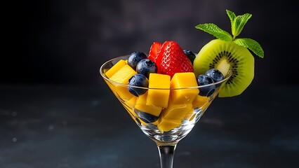 Fruit Salad Cocktail Glass with Strawberry Mango Kiwi Blueberry Dessert