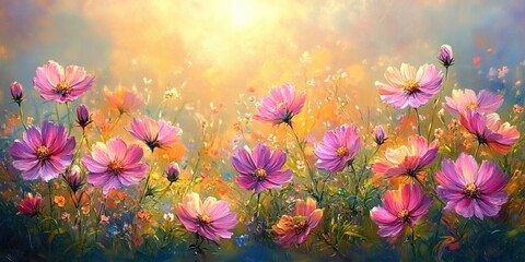 Fototapeta premium panoramic meadow of pink and purple wildflowers bathed in warm golden sunlight with delicate blossoms and a dreamy, tranquil mood