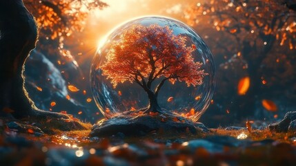 Solitary autumn tree preserved inside a glowing glass orb on a mossy rocky mound with falling orange leaves and warm golden forest light, evoking wonder and serenity