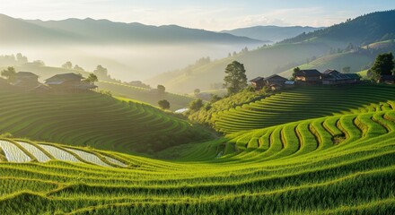 Green terraced rice fields in a mountain valley, morning mist shrouding the hills, traditional wooden houses in the distance, a peaceful and serene rural atmosphere. Background