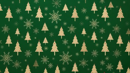 Seamless pattern of golden christmas trees and snowflakes on green background