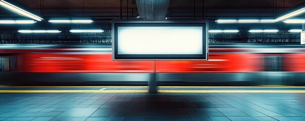 Empty underground station platform with illuminated blank billboard as a red train blurs past, cool fluorescent lighting and a sense of motion and solitude