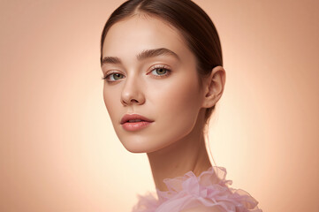 Naklejka premium Captivating studio portrait of a beautiful young woman with a serene expression, showcasing her natural elegance and delicate features