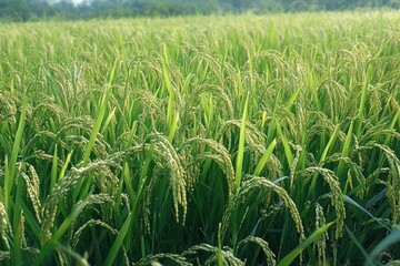 Fototapeta premium lush green rice paddy with ripening grain panicles bending in a serene sunlit countryside field
