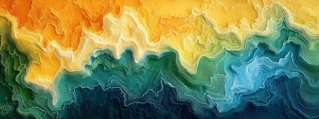 Vivid layered topographic contours and flowing ridges in warm golds, greens and deep ocean blues conveying serene, dynamic movement