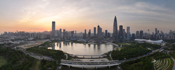 Obraz premium Aerial shot of the night view of Talent Park at China Resources Building, Nanshan District, Shenzhen