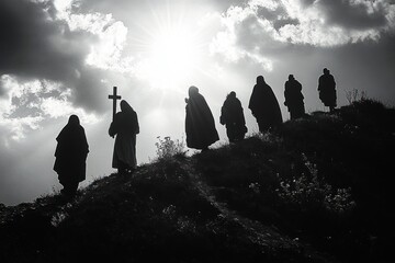Seven silhouetted robed figures walking along a sunlit hill in a solemn procession, one carrying a cross under dramatic clouds and a radiant sunburst, evoking contemplation