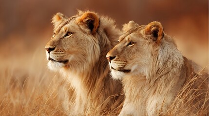 Fototapeta premium Two majestic lions gaze into the distance, exuding power and grace.